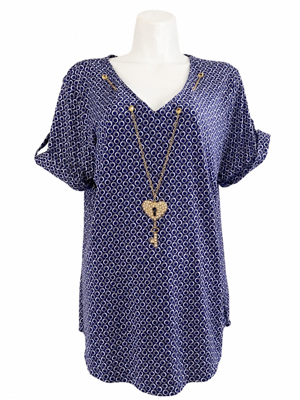 Ashley Blue XL Geometric Print V Neck Tunic Blouse Gold Chain Detail Top
